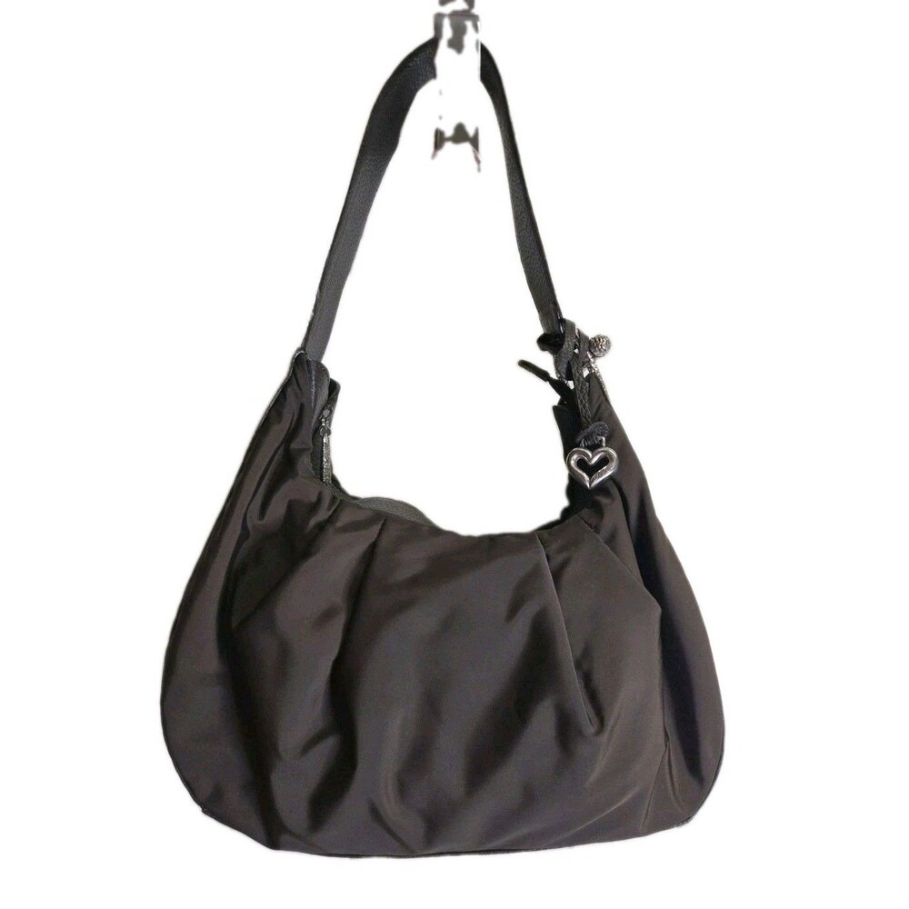 Brighton Bernadette Brown Nylon Hobo Shoulder Bag Pleated Heart Charm 12" W GUC